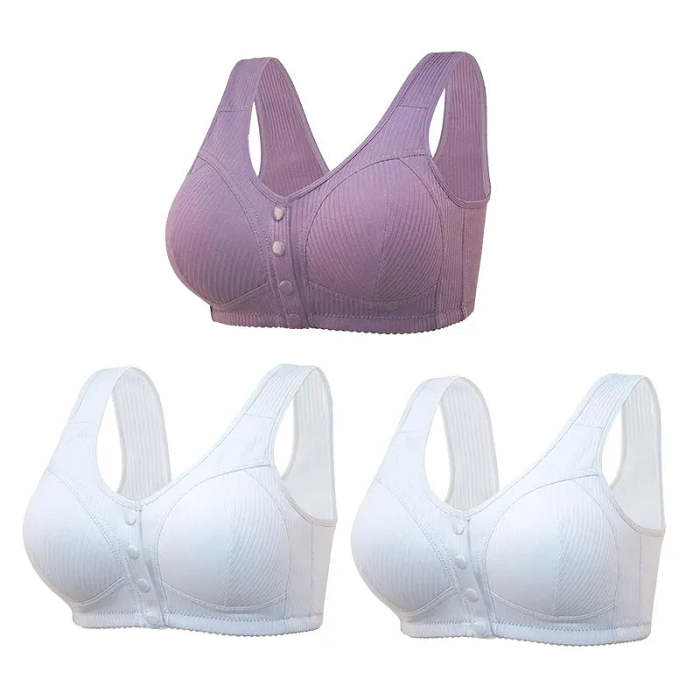 (3packs) Comfortable front-closure wireless plus size button bra