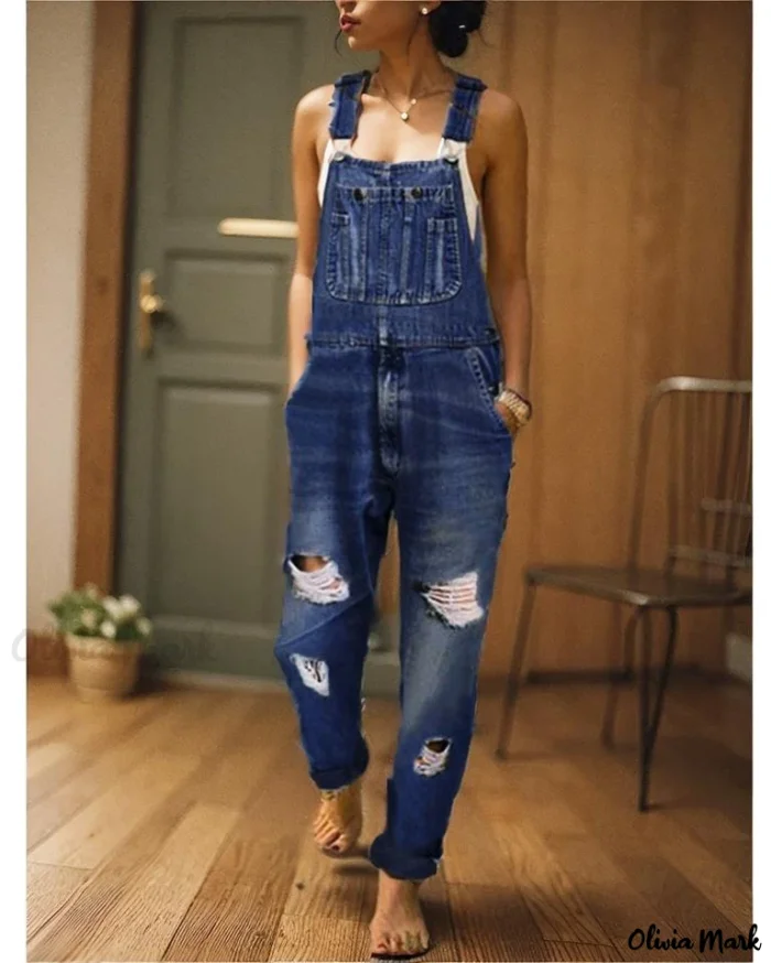 Premium High-waisted Denim Overalls – Distressed Ripped Design – Dungaree Jeans