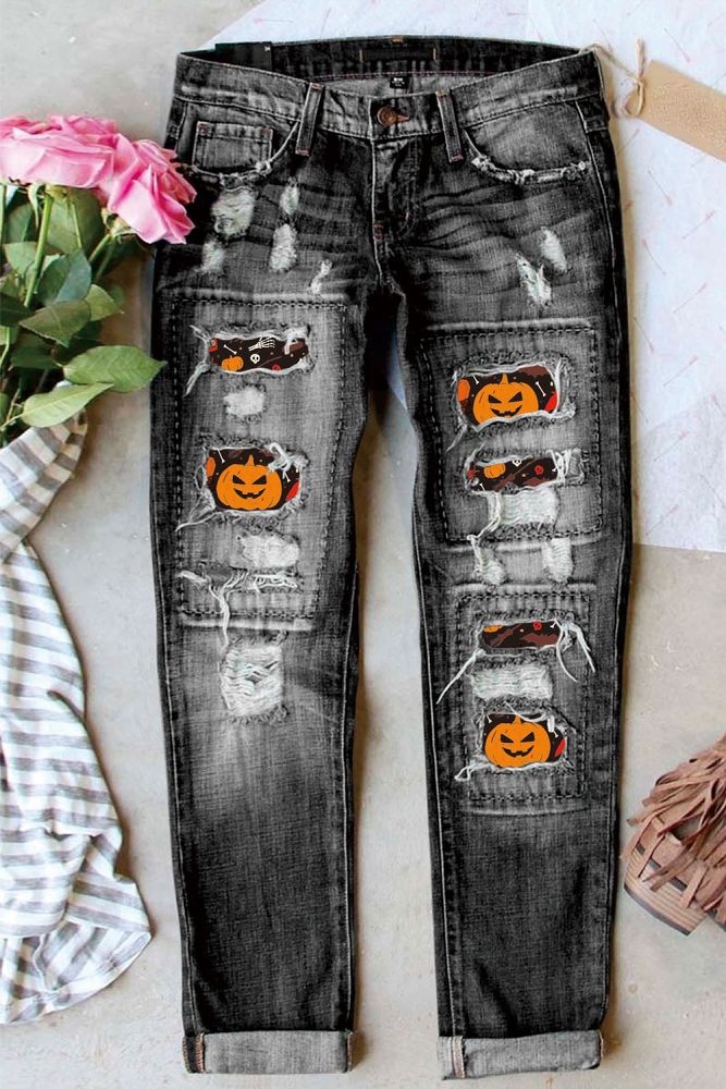 Halloween Pumpkin Ripped Denim Jeans