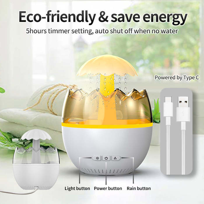 Rain Fine Mist Cloud Humidifier Water Drip Mushroom Humidifier Falls Lamp with 7 Colors Light Eggshell Rainfall Humidifier Aroma Diffuser for Home Office
