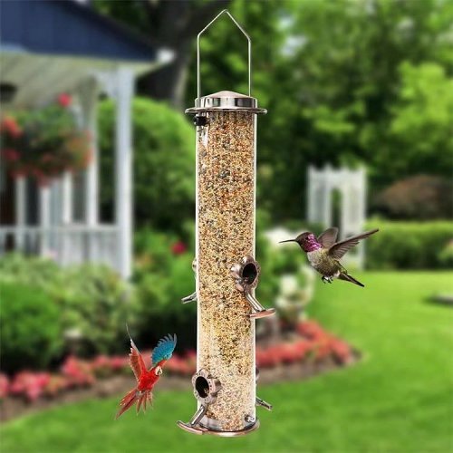 Garden Tube Bird Feeder Hanging with, 4 Copper Feeding Ports Wild Bird Seed Feeder Squirrel-Proof Bird Feeder