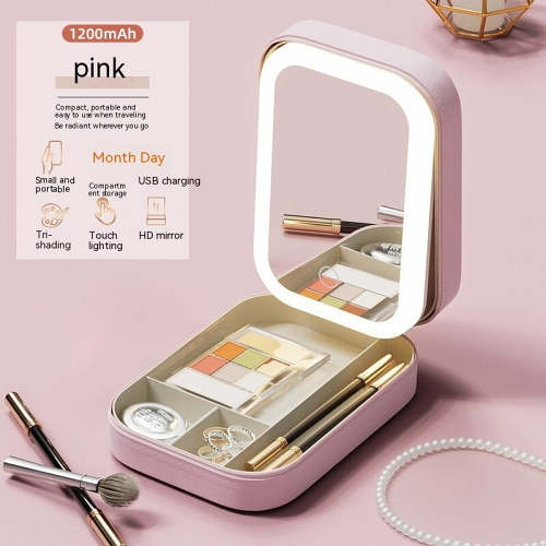 Portable makeup storage box with LED mirror.