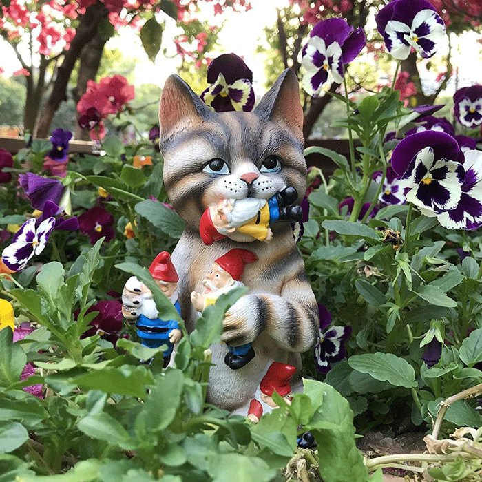 Cat Eating Gnomes Statue