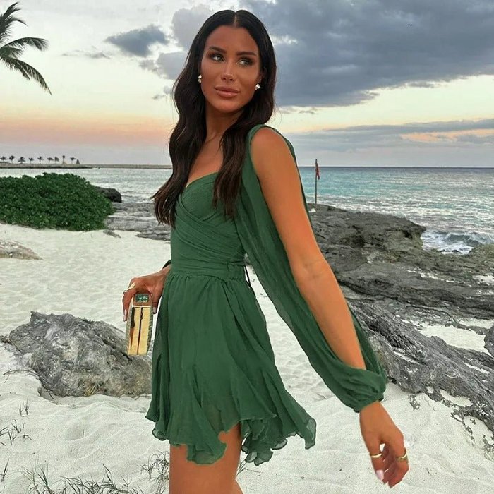 Long Sleeve Backless Dress - Elegant Tiered Waist Design