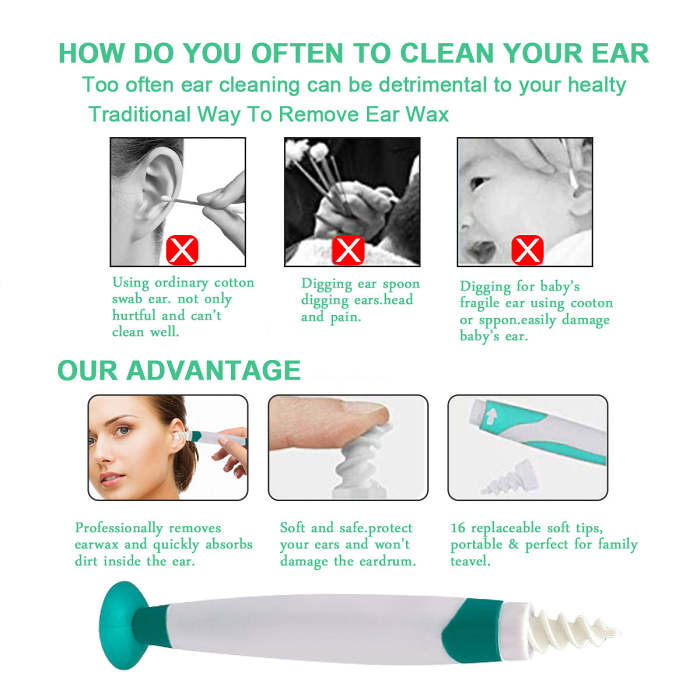 Earwax Remover Ear Wax Cleaner Soft Silicone Spiral Earwax Remover Tool with 16 Replacement Heads