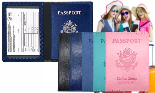RFID Multi-function Leather Passport and CDC Vaccination Card Slot