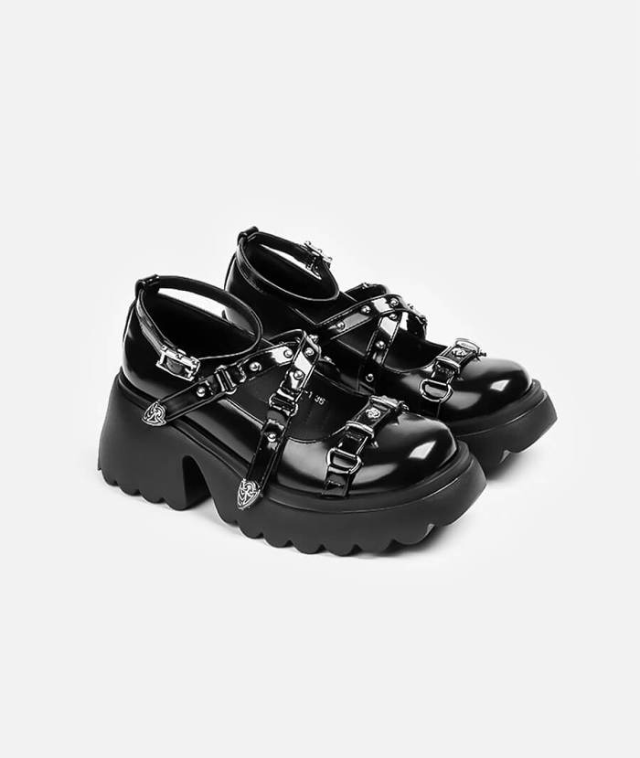 Cross Strap Rivet Black Mary Jane Shoes