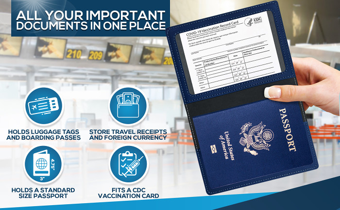 RFID Multi-function Leather Passport and CDC Vaccination Card Slot