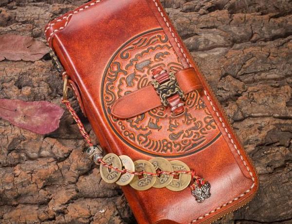 Handmade Leather Mens Chain Biker Wallet Cool Leather Wallet Long Phone Wallets for Men