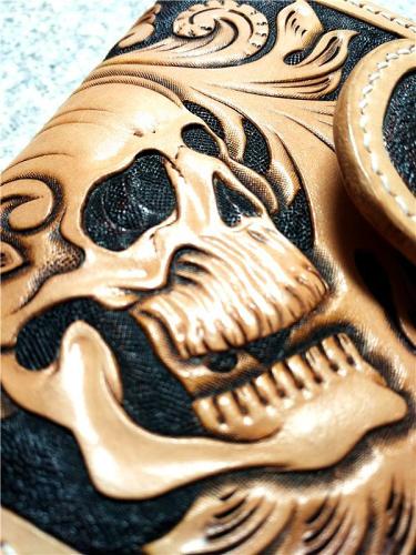 Handmade Leather billfold Tooled Skull Biker Wallet Mens Wallet With Chain Wallet Biker Wallet for Men