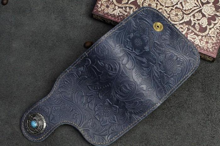 Handmade Leather Floral Mens Cool Biker Wallet Leather Wallet Men billfold Wallets Bifold for Men