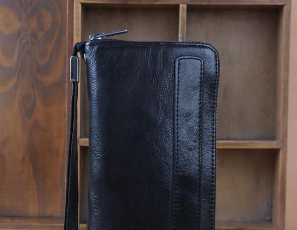 Genuine Leather Mens Cool Long Leather Wallet Zipper Clutch Wristlet Wallet for Men