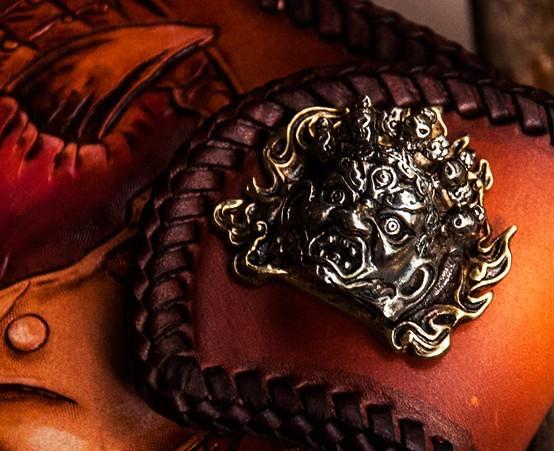 Handmade Leather Tooled Buddha&Demon Mens Chain Biker Wallet Cool Leather Wallet With Chain Wallets for Men