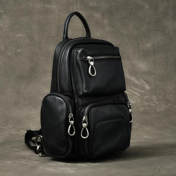 Cool Leather Mens 8 Black Backpack Sling Bag Chest Bag One Shoulder Backpack for Men