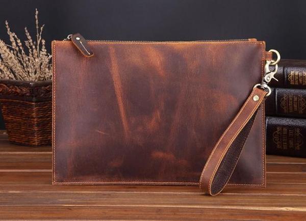 Brown MENS LEATHER SLIM ZIPPER CLUTCH WRISTLET PURSE CLUTCH BAGs FOR MEN