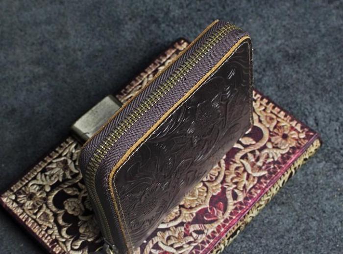 Handmade Leather Floral Mens Zipper Cool billfold Wallet Card Holder Small Card Slim Wallets for Men
