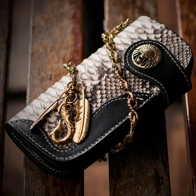 Handmade Leather Black Mens Chain Biker Wallet Cool Leather Wallet Long Clutch Wallets for Men