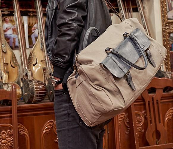 Mens Leather Canvas Large Weekender Bag Canvas Travel Bag for Men