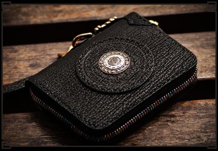 Handmade Leather Small Tooled Mens billfold Wallet Cool Chain Wallet Biker Wallet for Men
