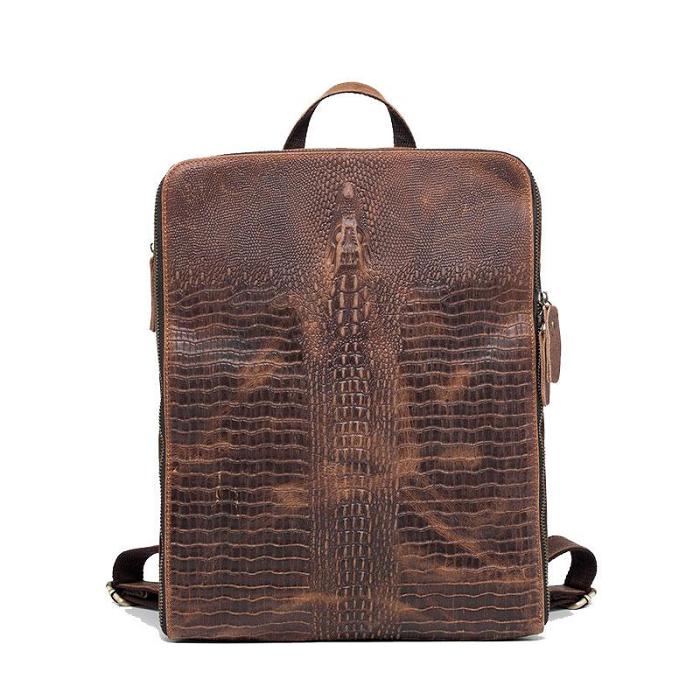 Cool Mens Leather Alligator Pattern Backpack Travel Backpacks Leather Hiking Backpack for Men