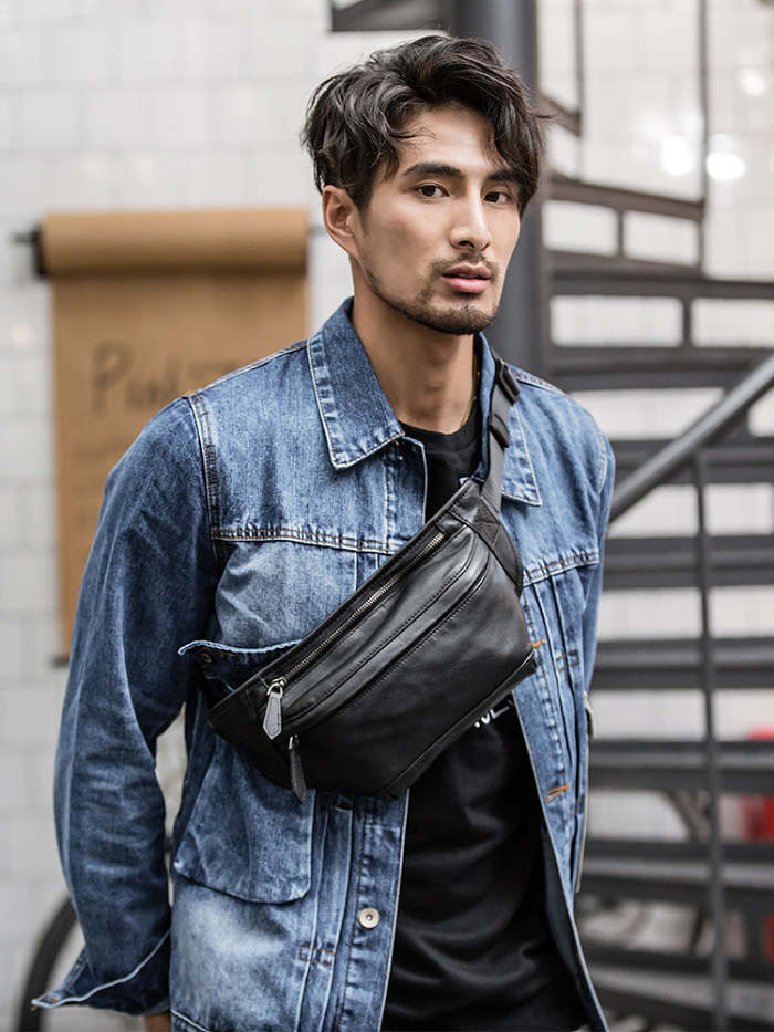 Black Mens Leather Fanny Pack Chest Bag Black Leather Bumbag Leather Belt Bag For Men