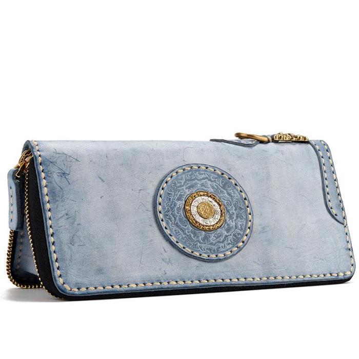 Handmade Leather Tibetan Mens Chain Biker Wallet Cool Leather Wallet Long Clutch Wallets for Men