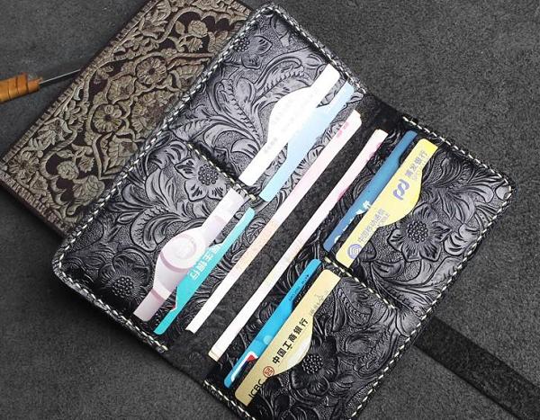 Handmade Leather Floral Mens Cool Travel Long Wallet Card Holder Card Slim Clutch Wallets for Men
