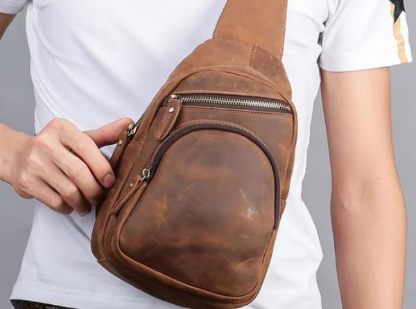 Cool Vintage Brown Leather Chest Bag Sling Bags Crossbody Sling Bag One Shoulder Backpack For Men