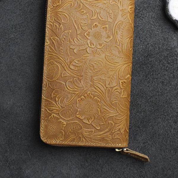 Handmade Leather Floral Mens Cool Travel Long Wallet Card Holder Card Slim Clutch Wallets for Men