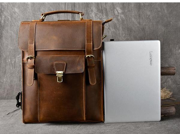 Leather Mens 14 Brown Laptop Backpack Side Bag Backpack College Backpack Handbag for Men