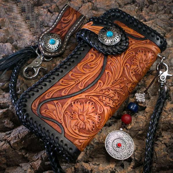 Handmade Mens Cool Tooled Floral Leather Chain Wallet Biker Trucker Wallet with Chain