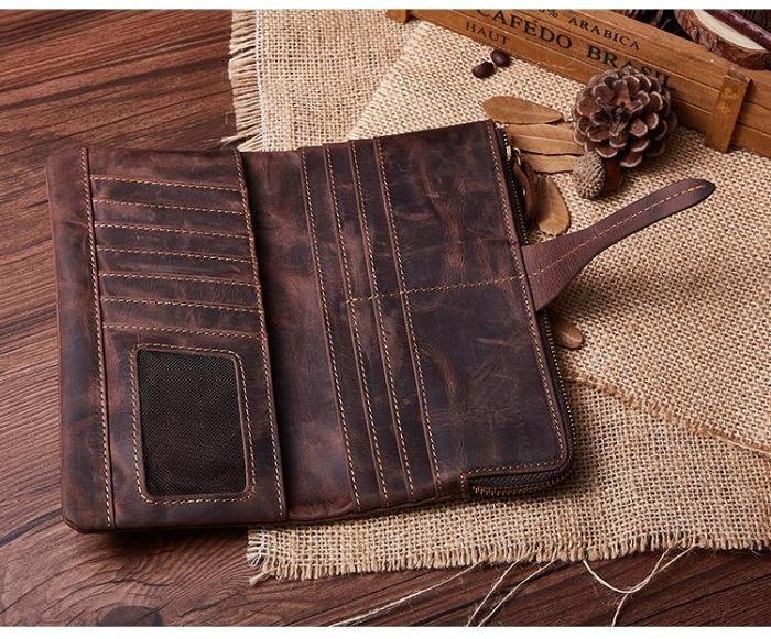 Vintage Coffee Cool Mens Leather Long Wallets Bifold Long Wallet for Men