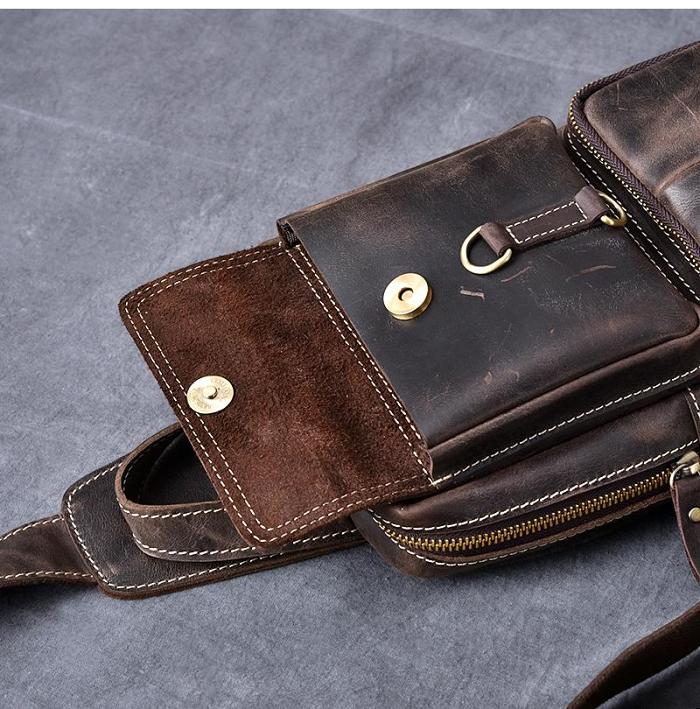 Cool Leather Mens 8 Brown Vintage Sling Bag Chest Bag One Shoulder Backpack for Men