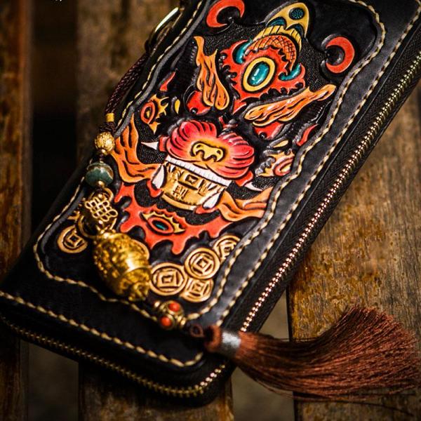 Handmade Leather Mens Tooled Monster Chain Biker Wallet Cool Leather Wallet Long Clutch Wallets for Men