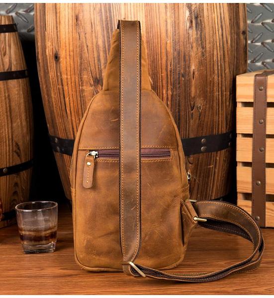 Cool Brown Leather Mens One Shoulder Backpack Sling Bags Crossbody Pack Chest Bag for men