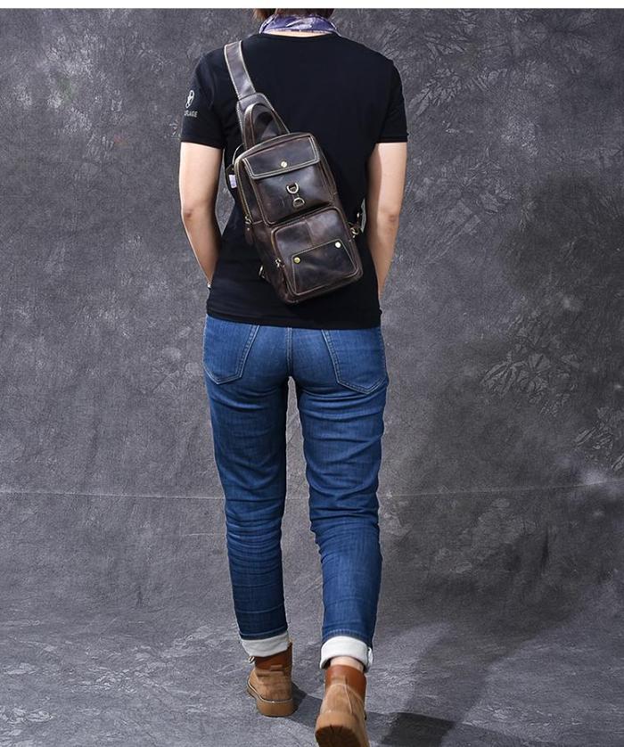 Cool Leather Mens 8 Brown Vintage Sling Bag Chest Bag One Shoulder Backpack for Men