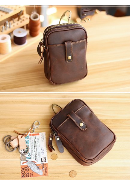 Dark Brown Vintage Leather Mens Small Messenger Bag Waist Bag Black Belt Pouch Bag For Men