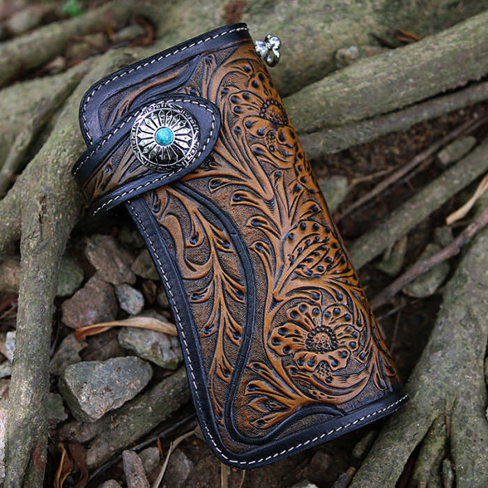 Handmade Tooled Leather Floral Biker Chain Wallet Mens Long Wallet with Chain for Men