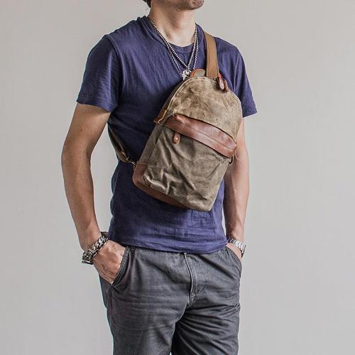 Canvas Leather Mens Cool Chest Bag Sling Bag Crossbody Bag Travel Bag Hiking Bag for men