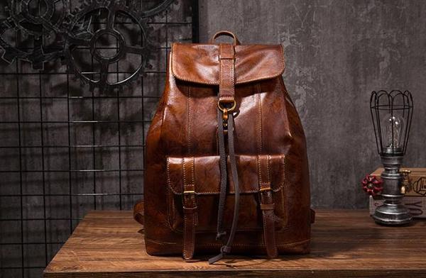 Coffee Cool Mens Leather Backpack Travel Backpacks Leather Hiking Backpack for Men