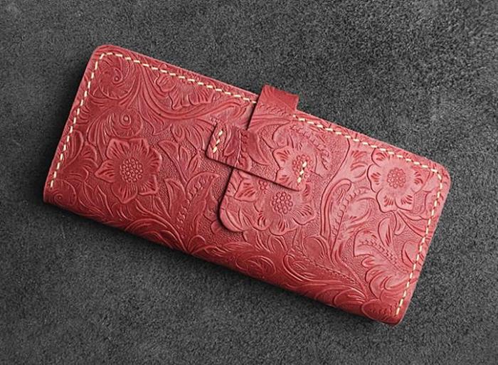 Handmade Leather Floral Mens Cool Travel Long Wallet Card Holder Card Slim Clutch Wallets for Men