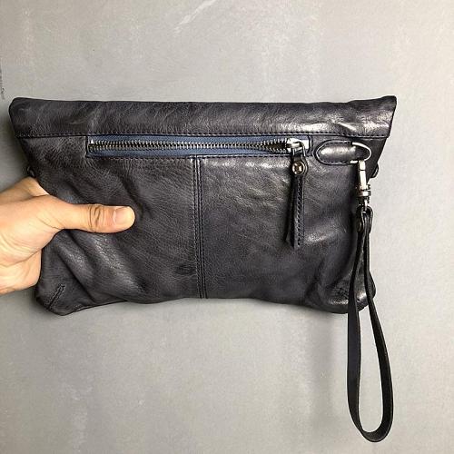 Handmade Genuine Leather Women Mens Clutch Cool Slim Wallet Zipper Clutch Wristlet Wallet for Men