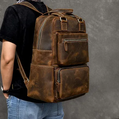 Vintage Brown Leather Mens 16 Laptop Backpack Hiking Backpack Travel Backpack College Bag for Men