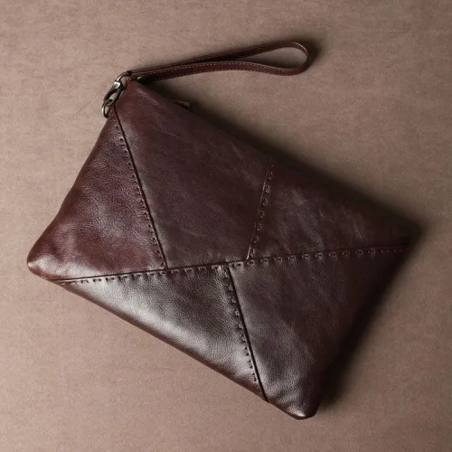 Genuine Leather Mens Clutch Cool Slim Wallet Zipper Clutch Wristlet Bag Wallet for Men Women