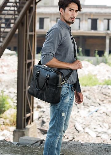 Cool Black Leather Mens Briefcase Work Bag Laptop Bag Business Bag for Men