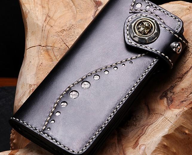 Handmade Leather Mens Chain Biker Wallet Cool Leather Wallet Long Phone Wallets for Men