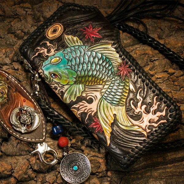Handmade Leather Carp Mens Chain Biker Wallet Cool Leather Wallet With Chain Wallets for Men