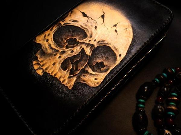 Handmade Leather Skull Double Zipper Mens Long Wallet Clutch Cool Leather Wallet Long Tooled Wallets for Men