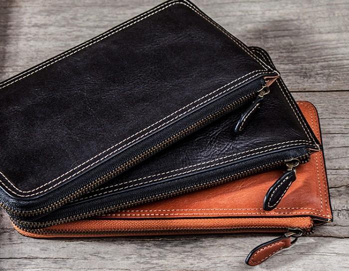 Leather Long Wallets for men Zipper Bifold Vintage Men Long Wallet