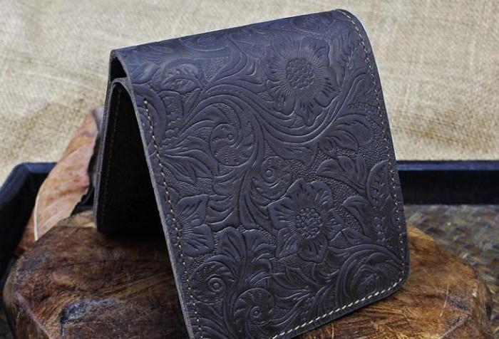 Handmade Leather Floral Mens Cool Slim Leather Wallet Men billfold Wallets Bifold for Men